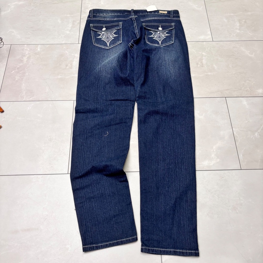 U-51 Y2K Dark Wash Distressed Embroidered Pocket Jeans Size 14